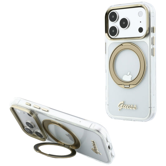 MagSafe pouzdro pro Apple iPhone 18 Pro Max / 17 Pro Max, Guess, Ring Stand Script Metal Logo, Transparentní