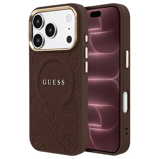Pouzdro MagSafe pro Apple iPhone 18 Pro Max / 17 Pro Max, Guess, Saffiano Peony Ring, hnědé