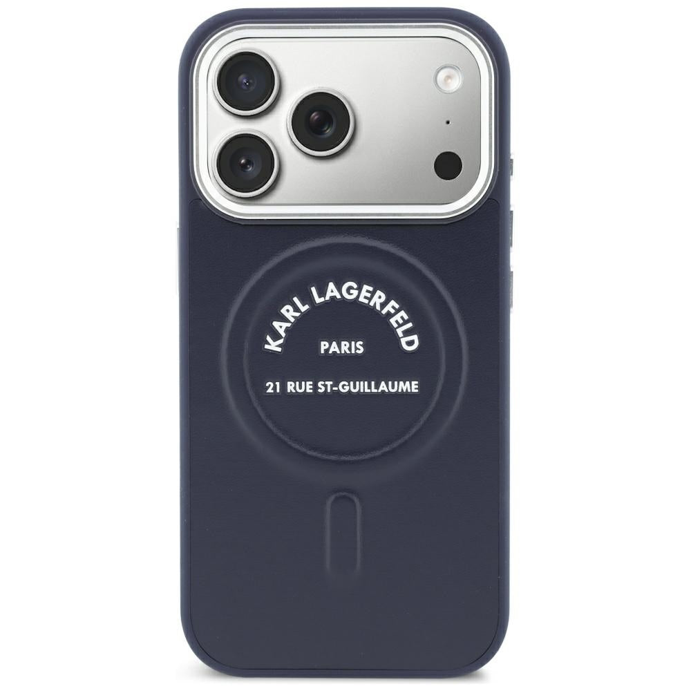 Pouzdro MagSafe pro Apple iPhone 18 Pro Max / 17 Pro Max, Karl Lagerfeld, Embossed Open Ring RSG Logo, modré