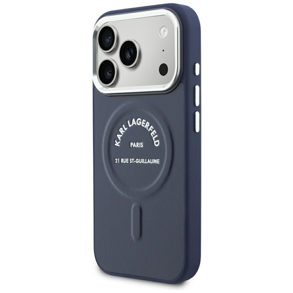 Pouzdro MagSafe pro Apple iPhone 18 Pro Max / 17 Pro Max, Karl Lagerfeld, Embossed Open Ring RSG Logo, modré