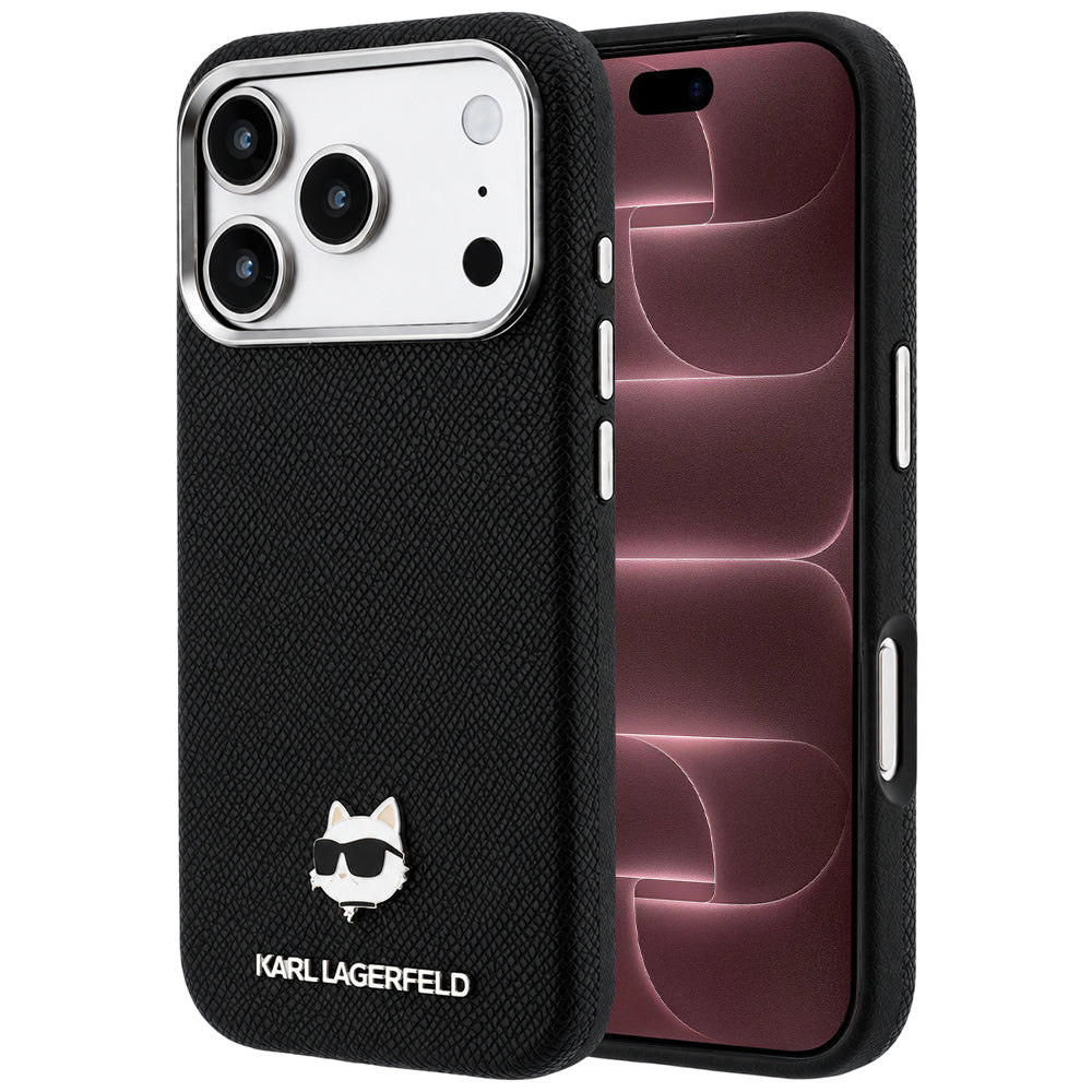 Pouzdro MagSafe pro Apple iPhone 18 Pro Max / 17 Pro Max, Karl Lagerfeld, Grained Choupette Head Metal, černé