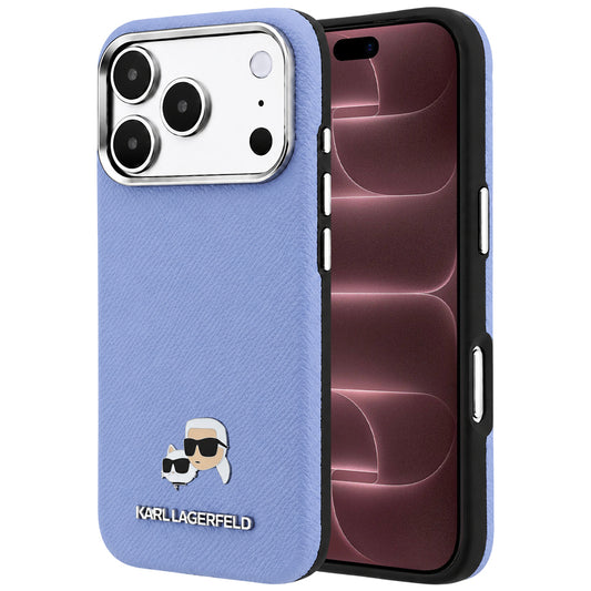 MagSafe pouzdro pro Apple iPhone 18 Pro Max / 17 Pro Max, Karl Lagerfeld, Grained Karl & Choupette Head's Metal, Bleu