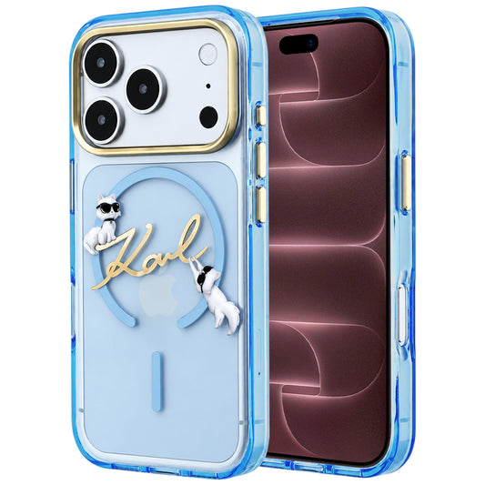 Pouzdro MagSafe pro Apple iPhone 18 Pro Max / 17 Pro Max, Karl Lagerfeld, IML Choupette Karl Script Logo, modré