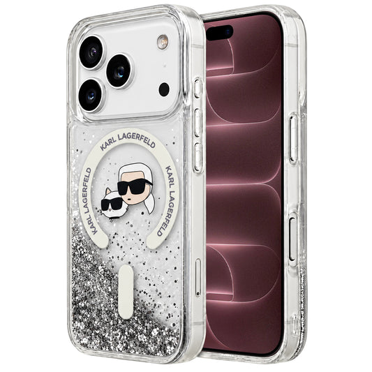 MagSafe pouzdro pro Apple iPhone 18 Pro Max / 17 Pro Max, Karl Lagerfeld, Liquid Glitter Karl & Choupette Head's, Transparentní