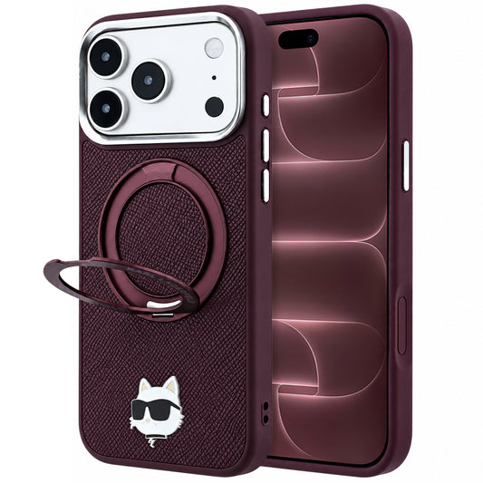 MagSafe pouzdro pro Apple iPhone 18 Pro Max / 17 Pro Max, Karl Lagerfeld, Saffiano Ring Stand 360 Choupette Pin, Tmavě červená