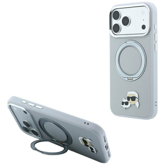 Pouzdro MagSafe pro Apple iPhone 18 Pro Max / 17 Pro Max, Karl Lagerfeld, Ring Stand 360 Karl & Choupette Pin, šedé