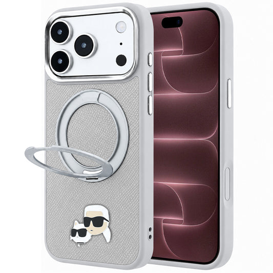 Pouzdro MagSafe pro Apple iPhone 18 Pro Max / 17 Pro Max, Karl Lagerfeld, Ring Stand 360 Karl & Choupette Pin, šedé
