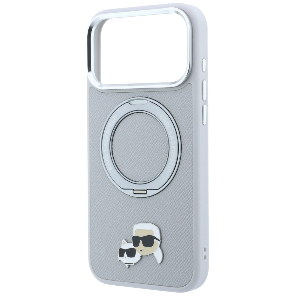 MagSafe Case for Apple iPhone 18 Pro Max / 17 Pro Max, Karl Lagerfeld, Ring Stand 360 Karl & Choupette Pin, Gray