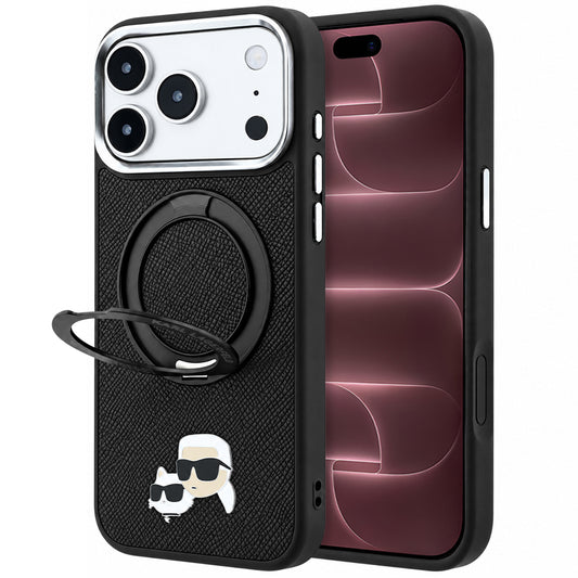 MagSafe pouzdro pro Apple iPhone 18 Pro Max / 17 Pro Max, Karl Lagerfeld, Ring Stand 360 Karl & Choupette Pin, černé