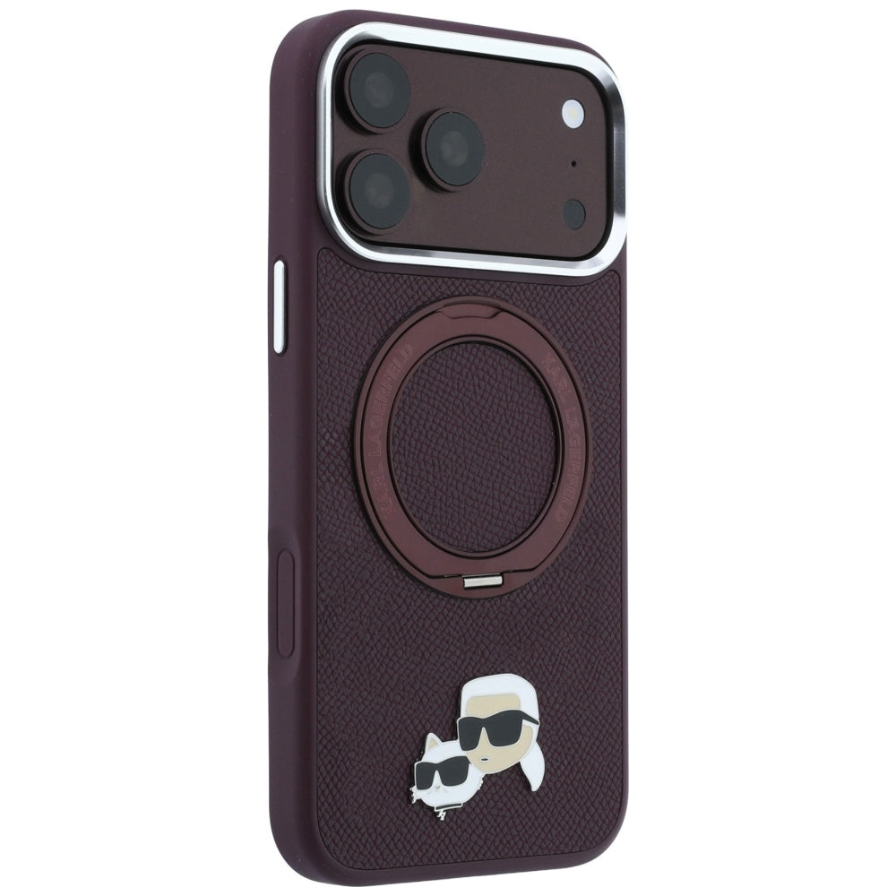 Pouzdro MagSafe pro Apple iPhone 18 Pro Max / 17 Pro Max, Karl Lagerfeld, Ring Stand 360 Karl & Choupette Pin, vínové