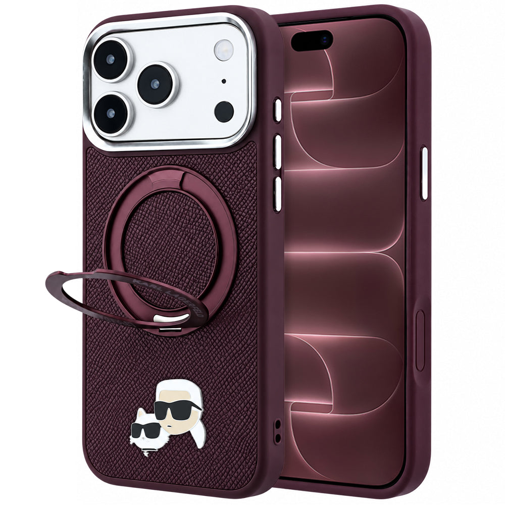 Pouzdro MagSafe pro Apple iPhone 18 Pro Max / 17 Pro Max, Karl Lagerfeld, Ring Stand 360 Karl & Choupette Pin, vínové