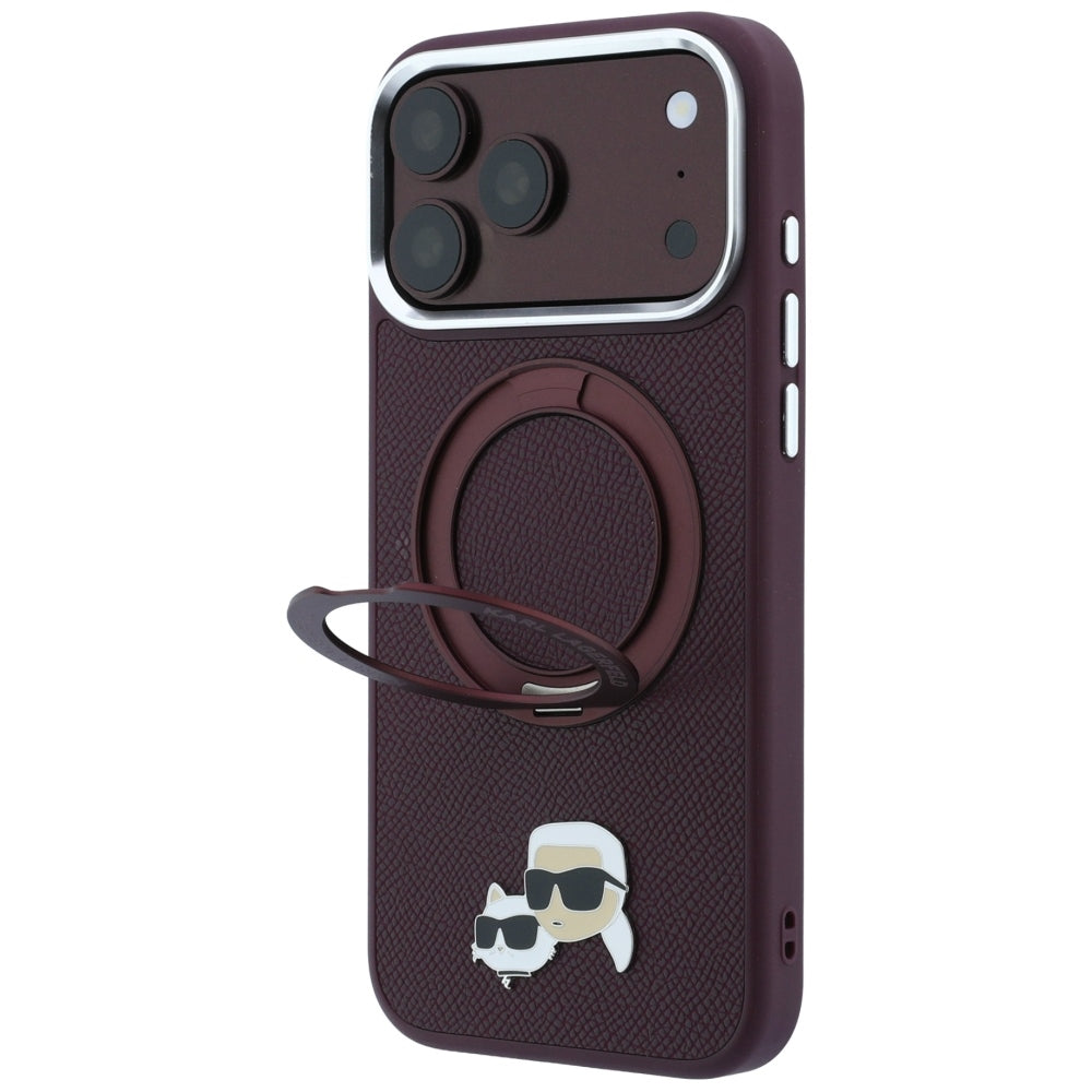Pouzdro MagSafe pro Apple iPhone 18 Pro Max / 17 Pro Max, Karl Lagerfeld, Ring Stand 360 Karl & Choupette Pin, vínové