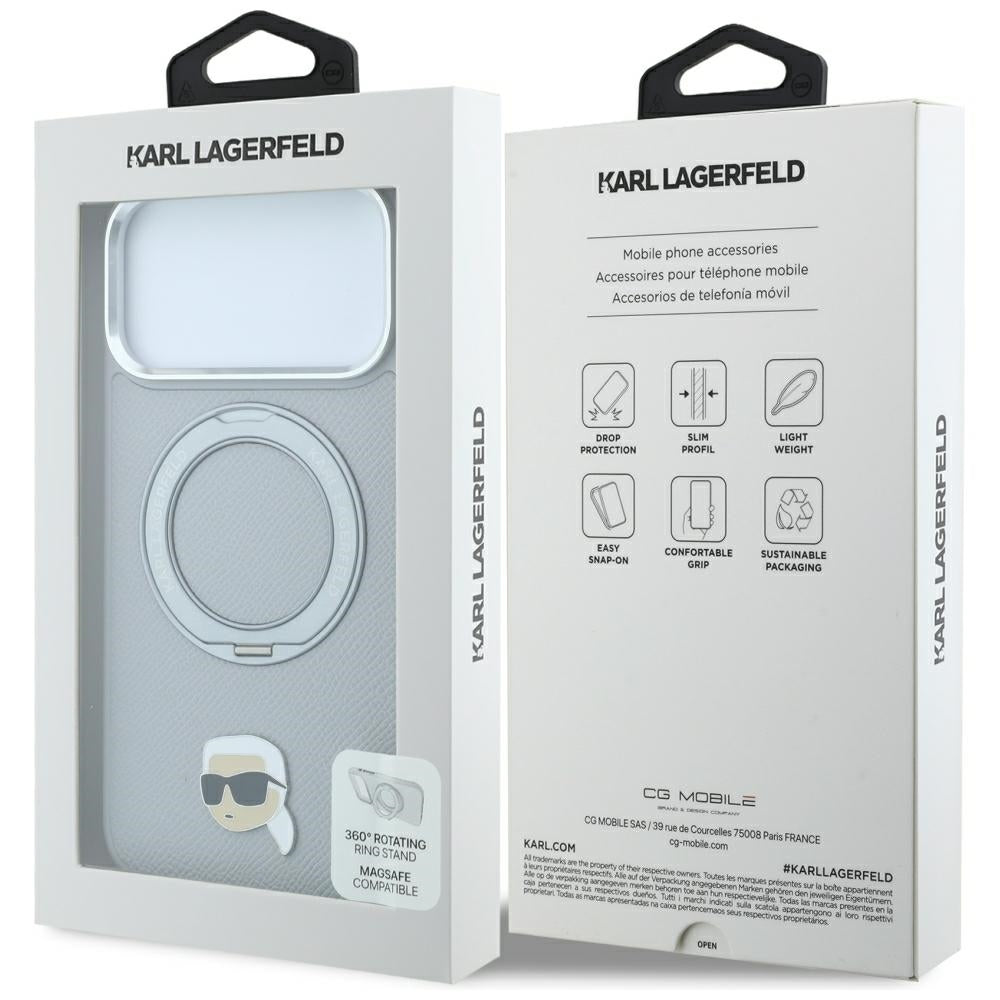 Pouzdro MagSafe pro Apple iPhone 18 Pro Max / 17 Pro Max, Karl Lagerfeld, Ring Stand 360 Karl Pin, šedé
