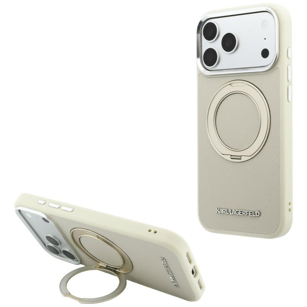 Pouzdro MagSafe pro Apple iPhone 18 Pro Max / 17 Pro Max, Karl Lagerfeld, Ring Stand 360 Saffiano, béžové