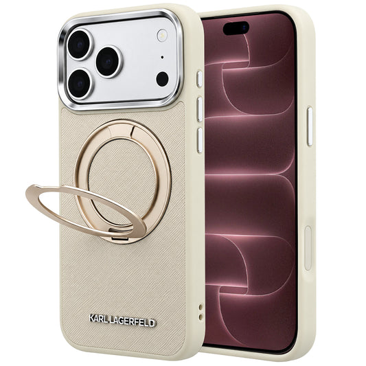 Pouzdro MagSafe pro Apple iPhone 18 Pro Max / 17 Pro Max, Karl Lagerfeld, Ring Stand 360 Saffiano, béžové