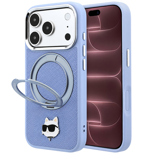 MagSafe pouzdro pro Apple iPhone 18 Pro Max / 17 Pro Max, Karl Lagerfeld, Saffiano Ring Stand 360 Choupette Pin, Bleu
