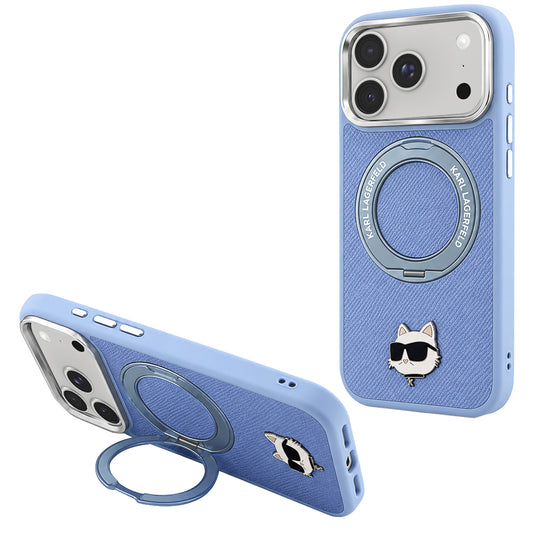 MagSafe pouzdro pro Apple iPhone 18 Pro Max / 17 Pro Max, Karl Lagerfeld, Saffiano Ring Stand 360 Choupette Pin, Bleu