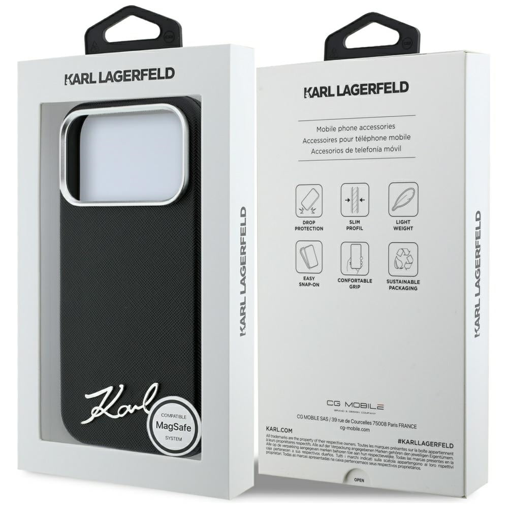 MagSafe pouzdro pro Apple iPhone 18 Pro Max / 17 Pro Max, Karl Lagerfeld, Saffiano Small Script Metal Logo, černé