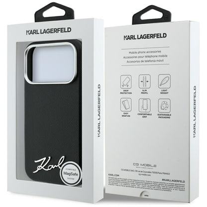 MagSafe pouzdro pro Apple iPhone 18 Pro Max / 17 Pro Max, Karl Lagerfeld, Saffiano Small Script Metal Logo, černé
