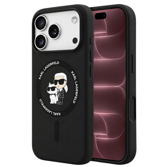 Pouzdro MagSafe pro Apple iPhone 18 Pro Max / 17 Pro Max, Karl Lagerfeld, silikonový kroužek Karl & Choupette, černé