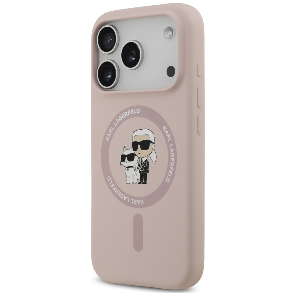 Pouzdro MagSafe pro Apple iPhone 18 Pro Max / 17 Pro Max, Karl Lagerfeld, silikonové s kroužkem Karl & Choupette, růžové