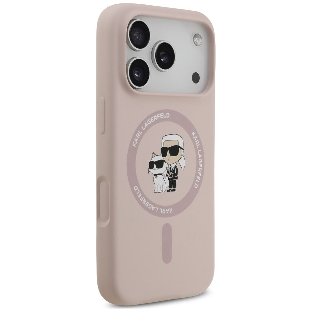 Pouzdro MagSafe pro Apple iPhone 18 Pro Max / 17 Pro Max, Karl Lagerfeld, silikonové s kroužkem Karl & Choupette, růžové