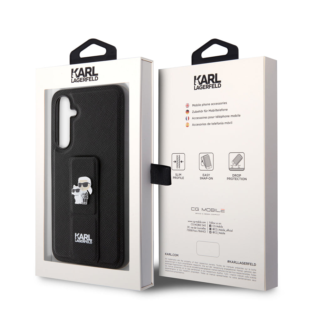 Pouzdro MagSafe pro Samsung Galaxy S23 FE S711, Karl Lagerfeld, Saffiano Gripstand Karl & Choupette, Modrá