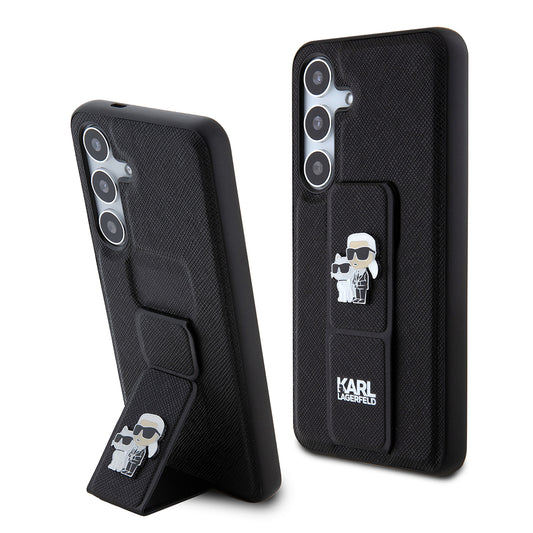 Pouzdro MagSafe pro Samsung Galaxy S24 S921, Karl Lagerfeld, Saffiano Gripstand Karl & Choupette, Černá