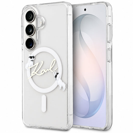 Pouzdro MagSafe pro Samsung Galaxy S26 FE S741, Karl Lagerfeld, IML Choupette Karl Script Logo, průhledné