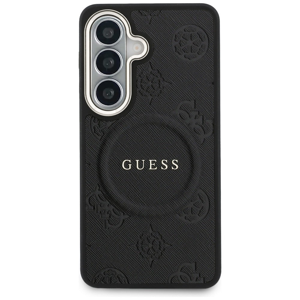 Pouzdro MagSafe pro Samsung Galaxy S26 Plus S947, GUESS, Saffiano Peony Embossed Ring, černá