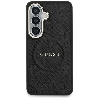 Pouzdro MagSafe pro Samsung Galaxy S26 Plus S947, GUESS, Saffiano Peony Embossed Ring, černá