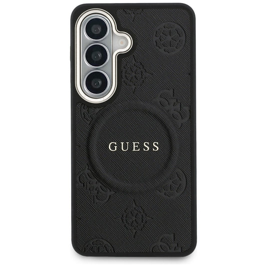 Pouzdro MagSafe pro Samsung Galaxy S26 Plus S947, GUESS, Saffiano Peony Embossed Ring, černá
