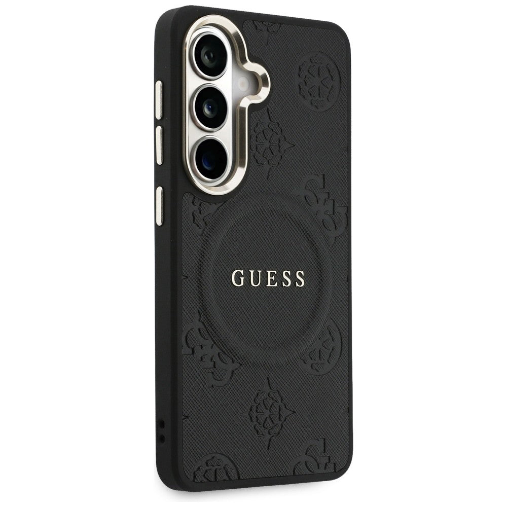 Pouzdro MagSafe pro Samsung Galaxy S26 Plus S947, GUESS, Saffiano Peony Embossed Ring, černá