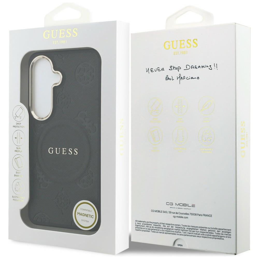 Pouzdro MagSafe pro Samsung Galaxy S26 Plus S947, GUESS, Saffiano Peony Embossed Ring, černá