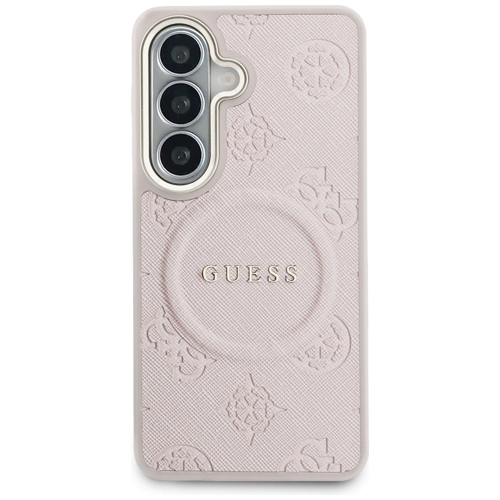 Pouzdro MagSafe pro Samsung Galaxy S26 S942, Guess, Saffiano Peony Embossed Ring, Růžové
