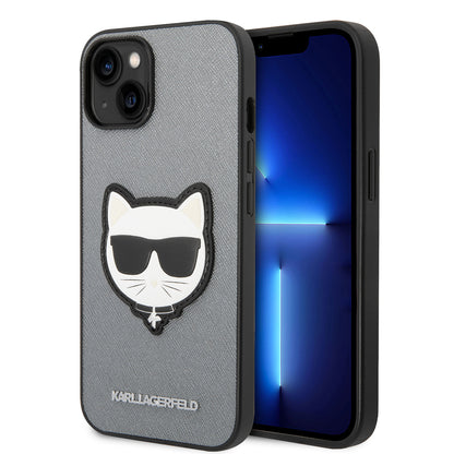Pouzdro pro Apple iPhone 14, Karl Lagerfeld, Saffiano Choupette's Head, Stříbrné