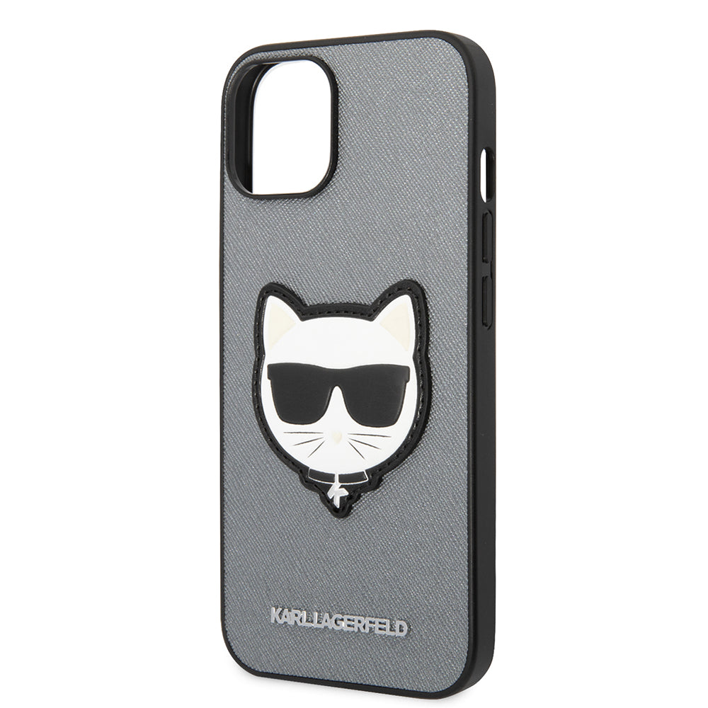 Pouzdro pro Apple iPhone 14, Karl Lagerfeld, Saffiano Choupette's Head, Stříbrné