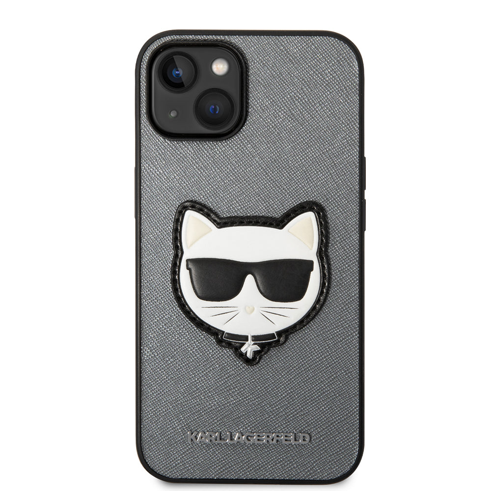 Pouzdro pro Apple iPhone 14, Karl Lagerfeld, Saffiano Choupette's Head, Stříbrné