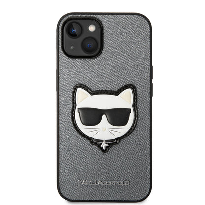 Pouzdro pro Apple iPhone 14, Karl Lagerfeld, Saffiano Choupette's Head, Stříbrné