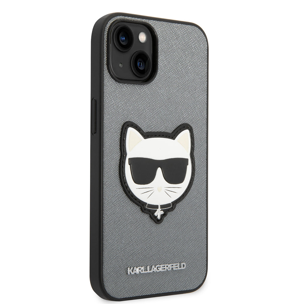 Pouzdro pro Apple iPhone 14, Karl Lagerfeld, Saffiano Choupette's Head, Stříbrné