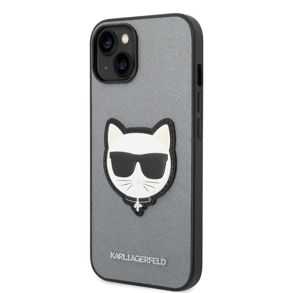 Pouzdro pro Apple iPhone 14, Karl Lagerfeld, Saffiano Choupette's Head, Stříbrné