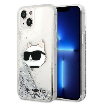 Pouzdro pro Apple iPhone 14 Plus, Karl Lagerfeld, Glitter Choupette's Head, Stříbrné.