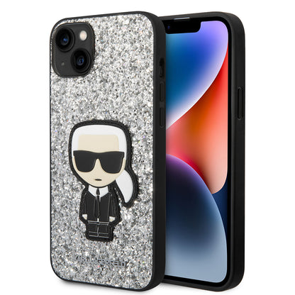 Pouzdro pro Apple iPhone 14 Plus, Karl Lagerfeld, Glitter Flakes Ikonik Karl, Stříbrné.