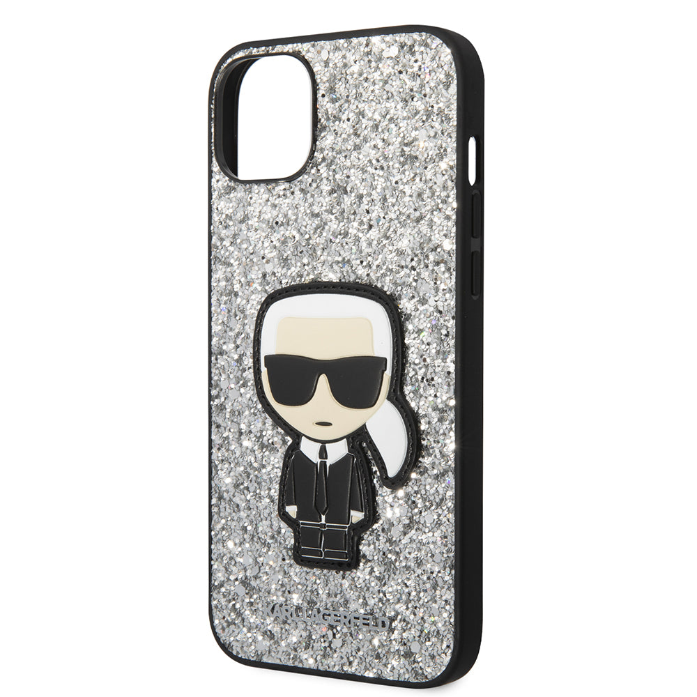 Pouzdro pro Apple iPhone 14 Plus, Karl Lagerfeld, Glitter Flakes Ikonik Karl, Stříbrné.