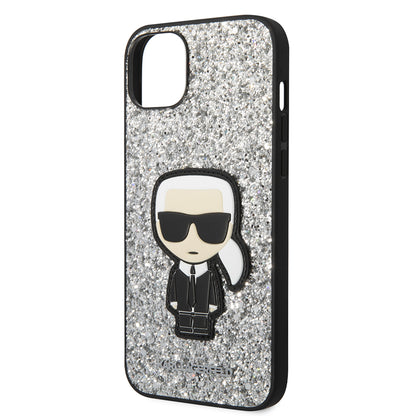 Pouzdro pro Apple iPhone 14 Plus, Karl Lagerfeld, Glitter Flakes Ikonik Karl, Stříbrné.