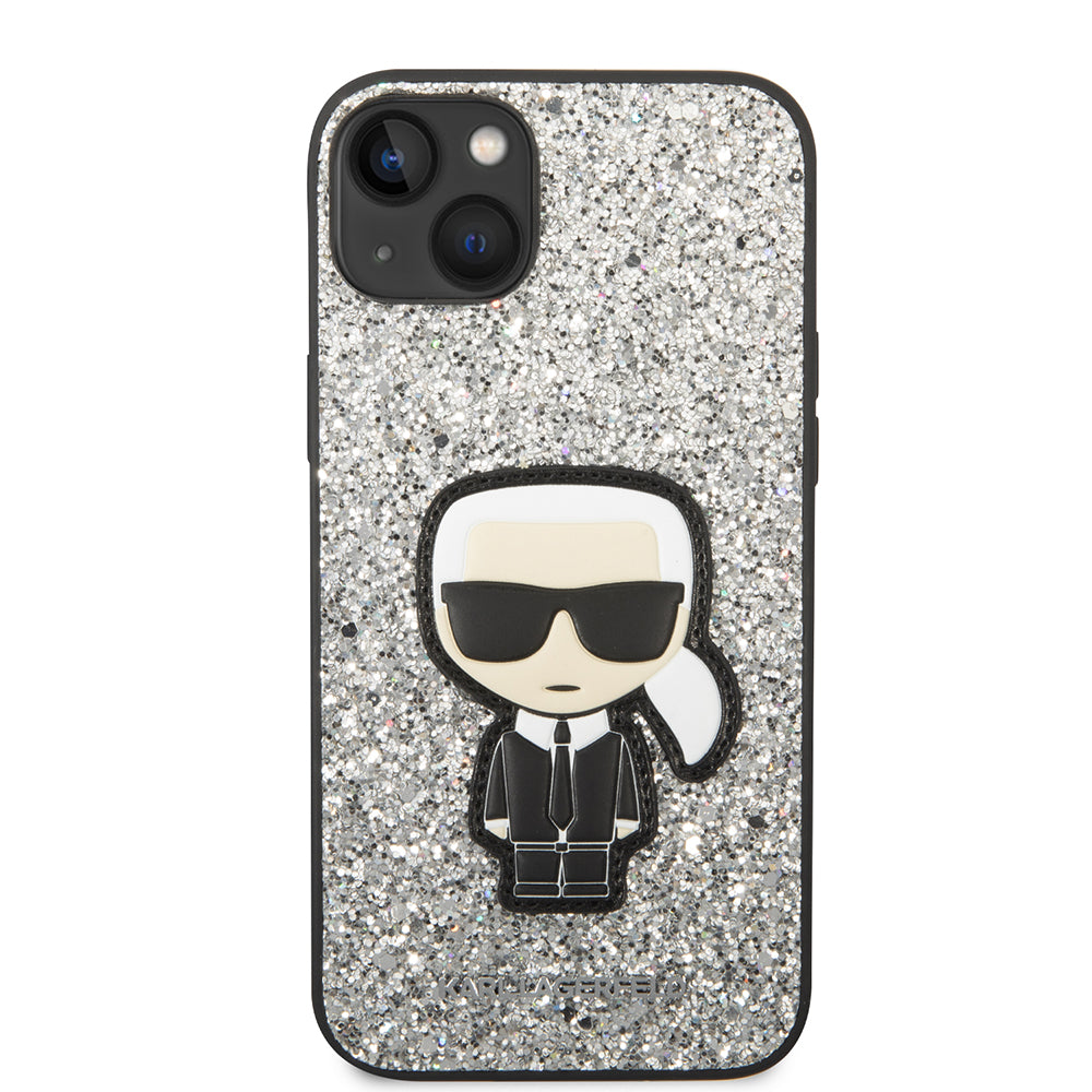 Pouzdro pro Apple iPhone 14 Plus, Karl Lagerfeld, Glitter Flakes Ikonik Karl, Stříbrné.