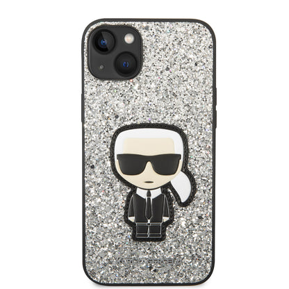 Pouzdro pro Apple iPhone 14 Plus, Karl Lagerfeld, Glitter Flakes Ikonik Karl, Stříbrné.
