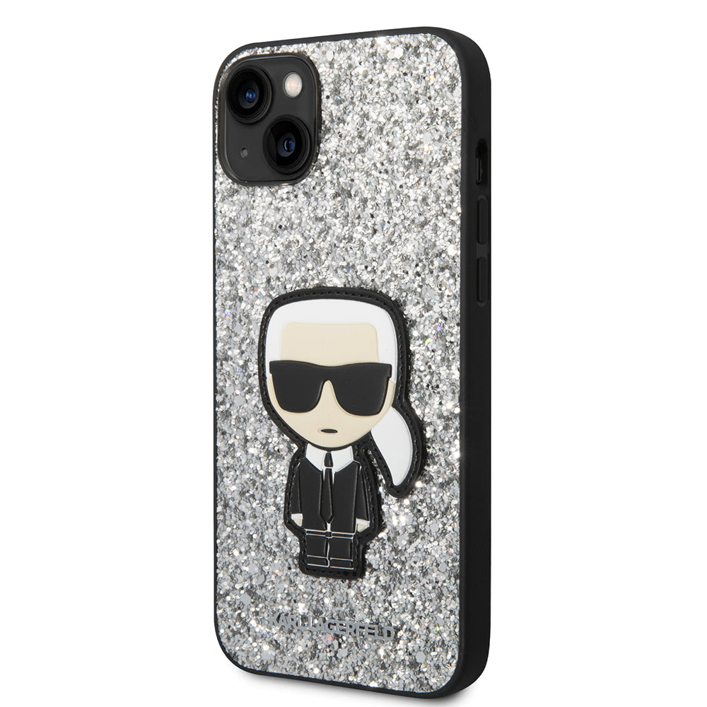 Pouzdro pro Apple iPhone 14 Plus, Karl Lagerfeld, Glitter Flakes Ikonik Karl, Stříbrné.