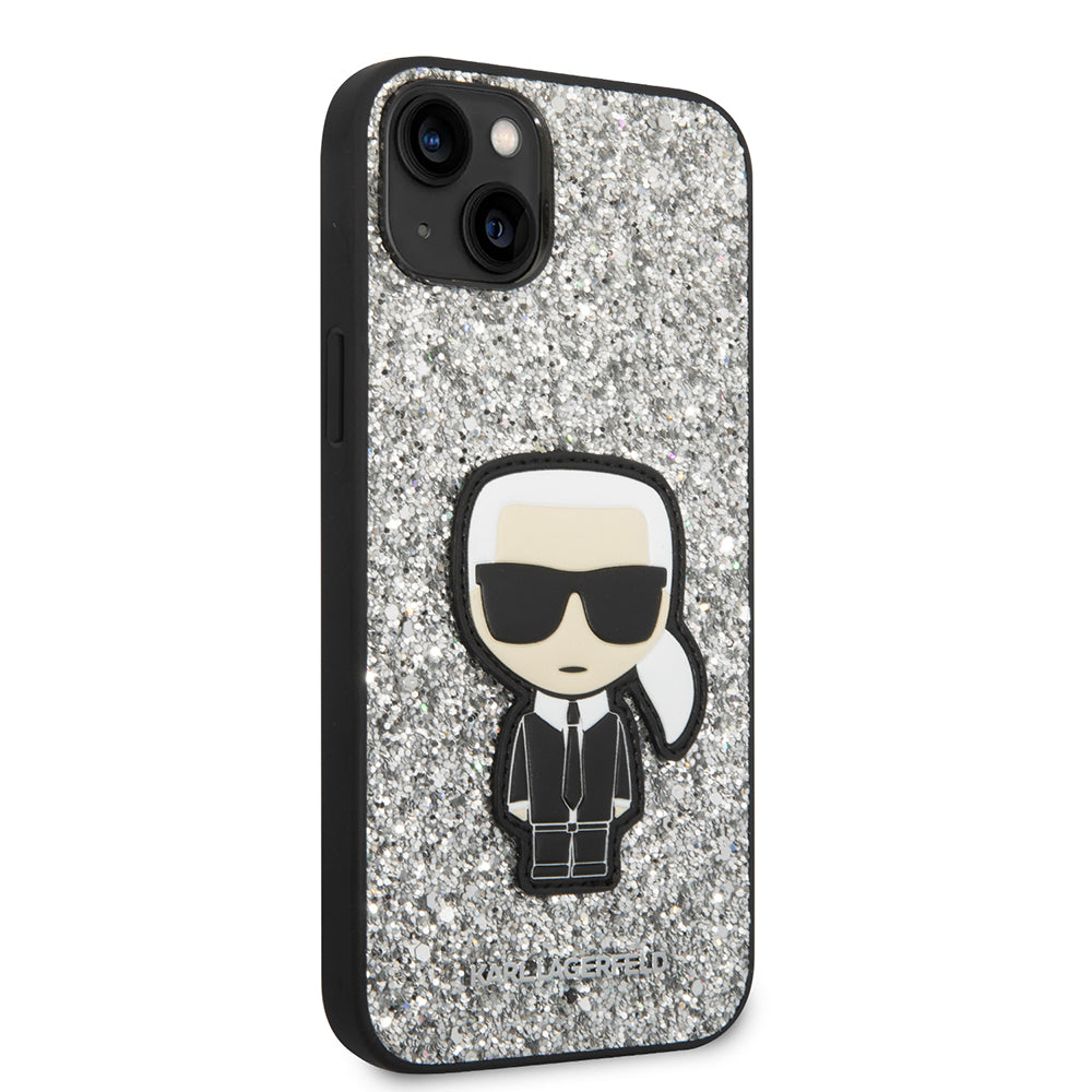 Pouzdro pro Apple iPhone 14 Plus, Karl Lagerfeld, Glitter Flakes Ikonik Karl, Stříbrné.