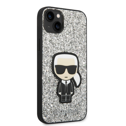 Pouzdro pro Apple iPhone 14 Plus, Karl Lagerfeld, Glitter Flakes Ikonik Karl, Stříbrné.